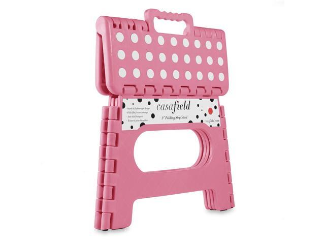 Casafield 9' Folding Step Stool with Handle, Pink - Portable Collapsible Small Plastic Foot Stool for Kids and Adults - Use in the Kitchen,...