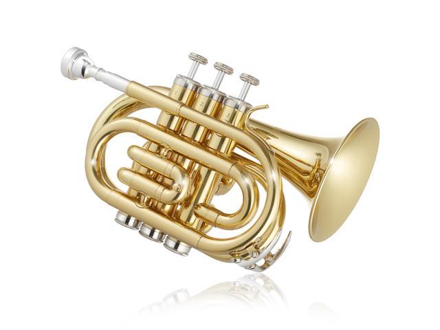 Ashthorpe Bb Brass Pocket Trumpet with Gold Lacquer Finish - Includes Case, Mouthpiece, Gloves, Cleaning Cloth, Valve Oil
