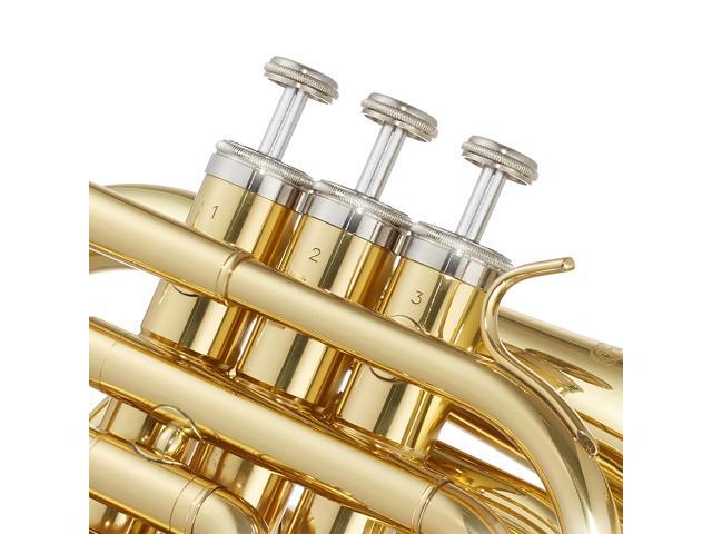 Ashthorpe Bb Brass Pocket Trumpet with Gold Lacquer Finish - Includes Case, Mouthpiece, Gloves, Cleaning Cloth, Valve Oil