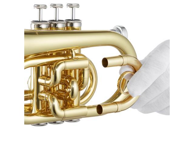 Ashthorpe Bb Brass Pocket Trumpet with Gold Lacquer Finish - Includes Case, Mouthpiece, Gloves, Cleaning Cloth, Valve Oil