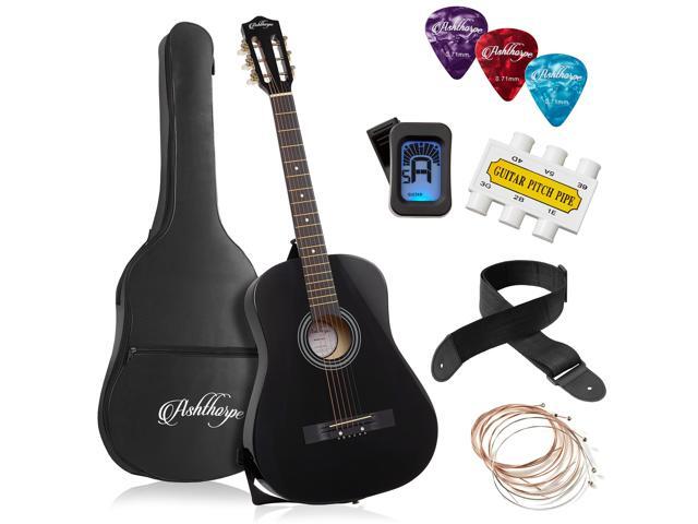Ashthorpe 38-inch Beginner Acoustic Guitar Package (Black), Basic Starter Kit w/ Gig Bag, Strings, Strap, Tuner, Pitch Pipe, Picks
