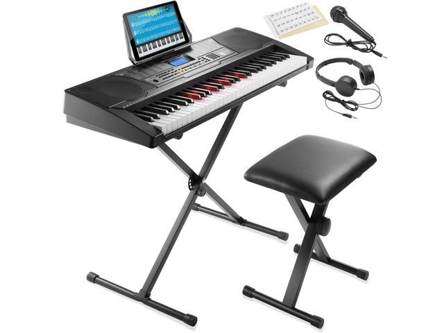 Ashthorpe 61-Key Digital Keyboard Piano with Light Up Keys, Electronic Beginner Piano Kit with Stand, Stool, Headphones, Microphone, and Note Stickers