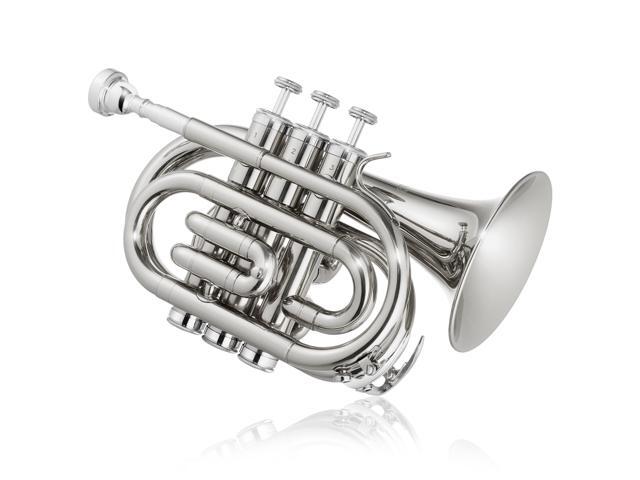 Ashthorpe Bb Brass Pocket Trumpet with Nickel Plated Finish - Includes Case, Mouthpiece, Gloves, Cleaning Cloth, Valve Oil