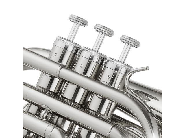 Ashthorpe Bb Brass Pocket Trumpet with Nickel Plated Finish - Includes Case, Mouthpiece, Gloves, Cleaning Cloth, Valve Oil