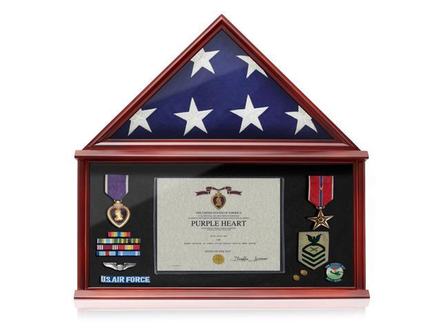Reminded Large Military Shadow Box Memorial Flag Display Case fits 5' x 9' Flag, Solid Wood Mahogany Finish