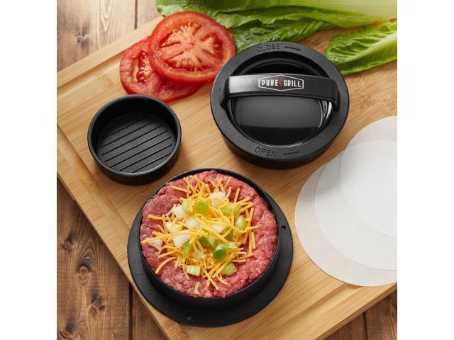 Pure Grill 3-in-1 Burger Press - Patty Maker with 100 Wax Papers for BBQ Grilling Stuffed Hamburgers, Beef Patties, and Sliders