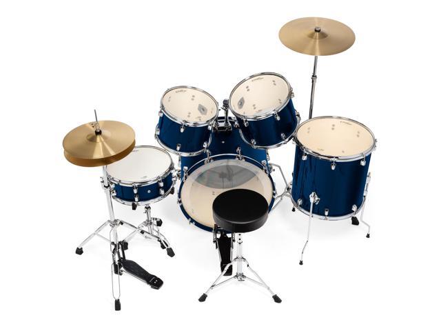 Ashthorpe 5-Piece Full Size Adult Drum Set with Remo Heads & Premium Brass Cymbals - Complete Professional Percussion Kit with Chrome Hardware - Blue