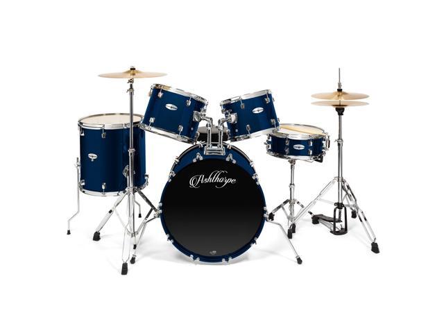 Ashthorpe 5-Piece Full Size Adult Drum Set with Remo Heads & Premium Brass Cymbals - Complete Professional Percussion Kit with Chrome Hardware - Blue