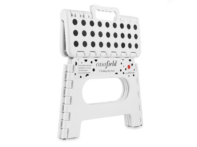Casafield 9' Folding Step Stool with Handle, White - Portable Collapsible Small Plastic Foot Stool for Kids and Adults - Use in the Kitchen,...