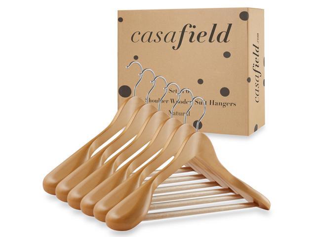 Casafield - 6 Natural Wide Shoulder Wooden Suit Hangers - Premium Lotus Wood, Non-Slip Pant Bar & Chrome Swivel Hook for Dress Clothes, Coats,...