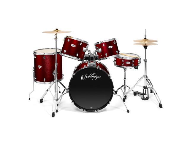 Ashthorpe 5-Piece Full Size Adult Drum Set with Remo Heads & Premium Brass Cymbals - Complete Professional Percussion Kit with Chrome Hardware - Red