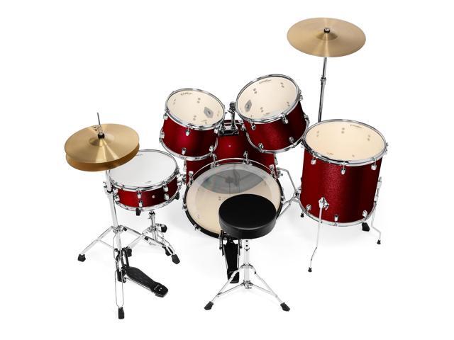 Ashthorpe 5-Piece Full Size Adult Drum Set with Remo Heads & Premium Brass Cymbals - Complete Professional Percussion Kit with Chrome Hardware - Red