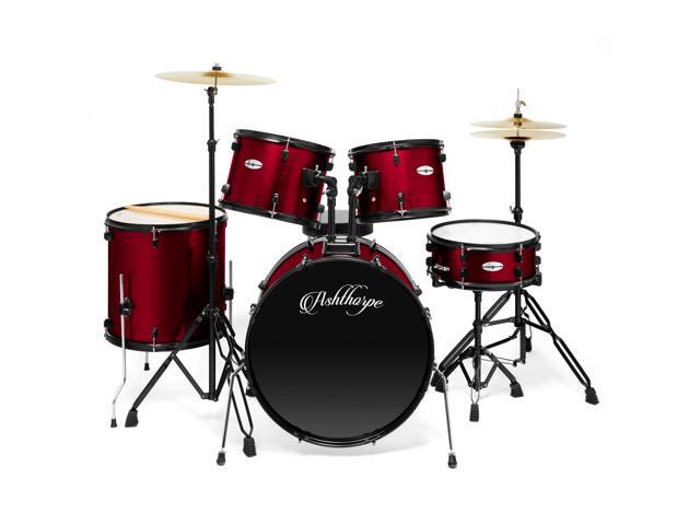 Ashthorpe 5-Piece Complete Full Size Adult Drum Set with Remo Batter Heads - Red