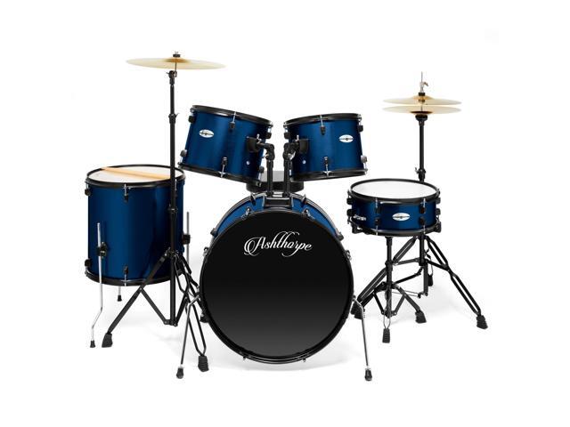 Ashthorpe 5-Piece Complete Full Size Adult Drum Set with Remo Batter Heads - Blue