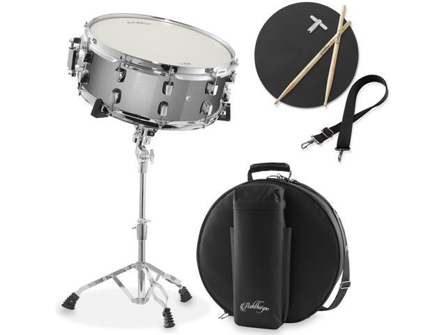 Ashthorpe Snare Drum Set with Remo Head (Silver) - Student Beginner Kit with Stand, Padded Gig Bag, Practice Pad, Neck Strap, and Sticks