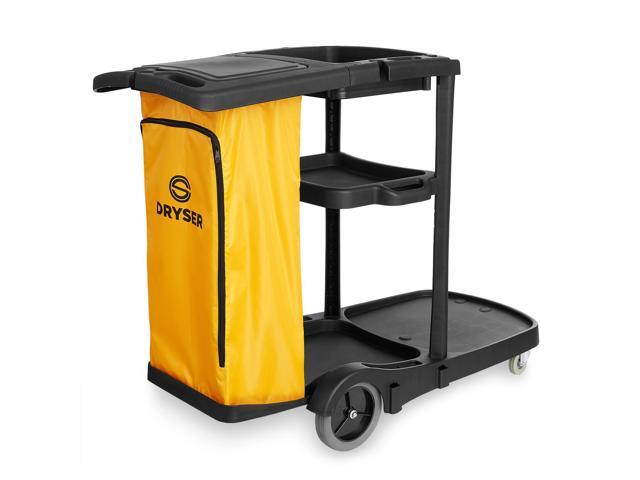 Dryser Commercial Janitorial Cleaning Cart on Wheels - Black Housekeeping Caddy with Cover, Shelves and Vinyl Bag