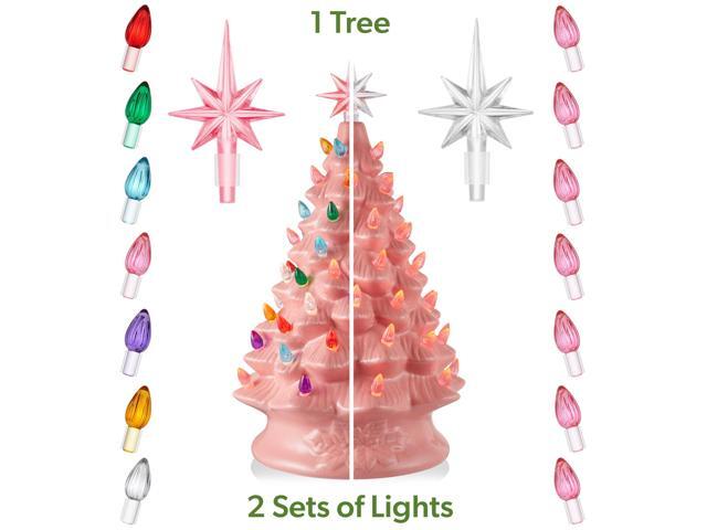 Casafield Hand Painted Ceramic Christmas Tree, Pink 15-Inch Pre-Lit Tree with 128 Multi Color Lights and 2 Star Toppers