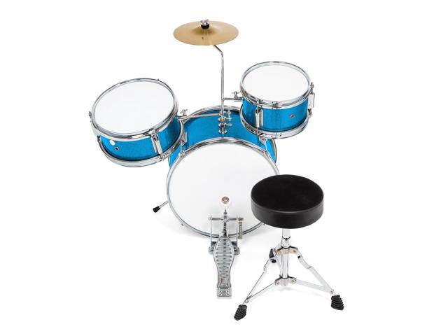 Ashthorpe 3-Piece Complete Kids Drum Set - Beginner Kit with 14' Bass, Adjustable Throne, Cymbal, Pedal & Drumsticks - Blue