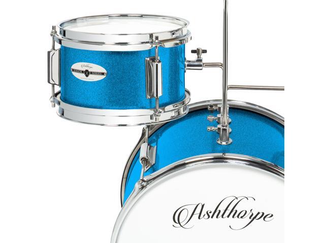 Ashthorpe 3-Piece Complete Kids Drum Set - Beginner Kit with 14' Bass, Adjustable Throne, Cymbal, Pedal & Drumsticks - Blue