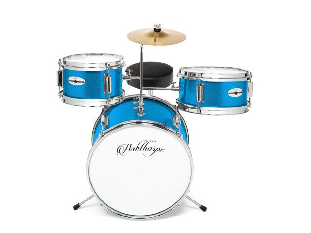 Ashthorpe 3-Piece Complete Kids Drum Set - Beginner Kit with 14' Bass, Adjustable Throne, Cymbal, Pedal & Drumsticks - Blue