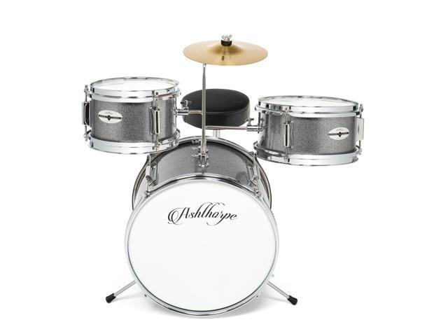 Ashthorpe 3-Piece Complete Kids Drum Set - Beginner Kit with 14' Bass, Adjustable Throne, Cymbal, Pedal & Drumsticks - Silver