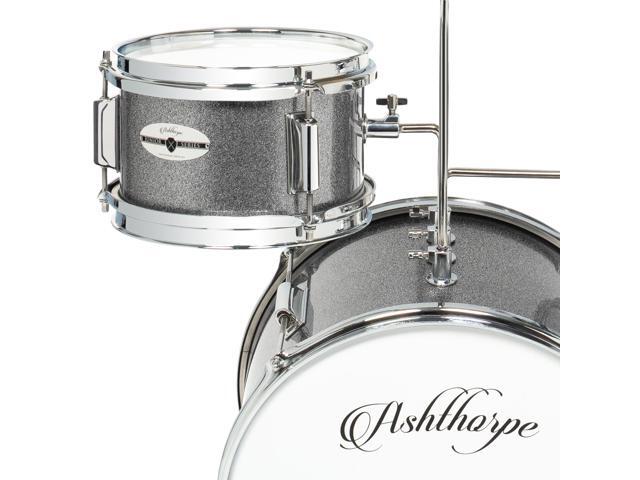Ashthorpe 3-Piece Complete Kids Drum Set - Beginner Kit with 14' Bass, Adjustable Throne, Cymbal, Pedal & Drumsticks - Silver