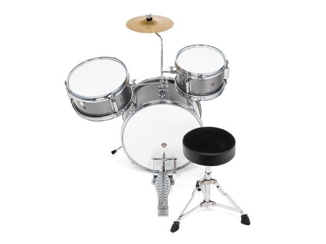 Ashthorpe 3-Piece Complete Kids Drum Set - Beginner Kit with 14' Bass, Adjustable Throne, Cymbal, Pedal & Drumsticks - Silver