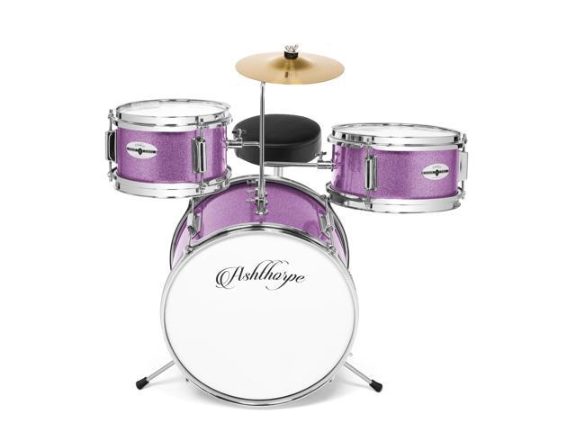 Ashthorpe 3-Piece Complete Drum Set - Beginner Kit with 14' Bass, Adjustable Throne, Cymbal, Pedal & Drumsticks - Purple