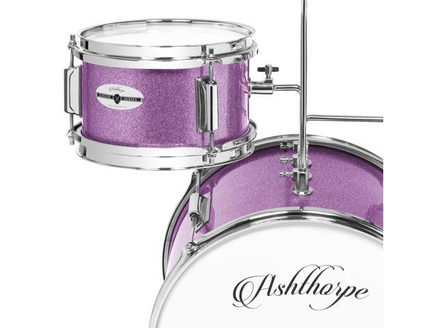 Ashthorpe 3-Piece Complete Drum Set - Beginner Kit with 14' Bass, Adjustable Throne, Cymbal, Pedal & Drumsticks - Purple