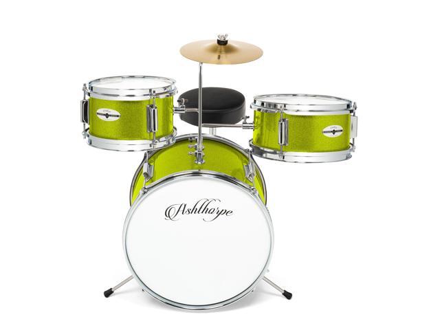 Ashthorpe 3-Piece Complete Drum Set - Beginner Kit with 14' Bass, Adjustable Throne, Cymbal, Pedal & Drumsticks - Green