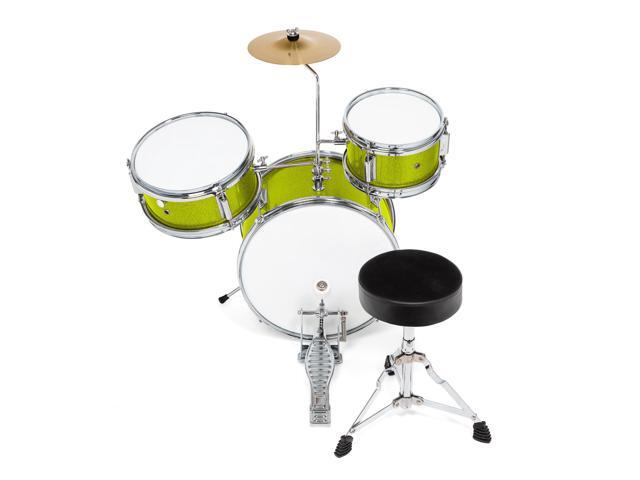 Ashthorpe 3-Piece Complete Drum Set - Beginner Kit with 14' Bass, Adjustable Throne, Cymbal, Pedal & Drumsticks - Green
