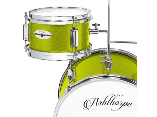 Ashthorpe 3-Piece Complete Drum Set - Beginner Kit with 14' Bass, Adjustable Throne, Cymbal, Pedal & Drumsticks - Green