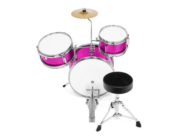 Ashthorpe 3-Piece Complete Drum Set - Beginner Kit with 14' Bass, Adjustable Throne, Cymbal, Pedal & Drumsticks - Pink