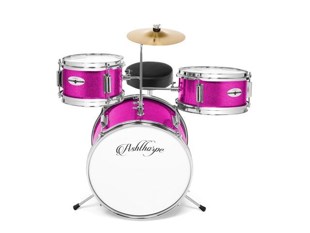 Ashthorpe 3-Piece Complete Drum Set - Beginner Kit with 14' Bass, Adjustable Throne, Cymbal, Pedal & Drumsticks - Pink