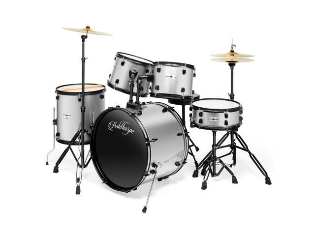Ashthorpe 5-Piece Complete Full Size Adult Drum Set with Remo Batter Heads - Silver