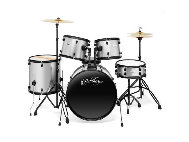 Ashthorpe 5-Piece Complete Full Size Adult Drum Set with Remo Batter Heads - Silver