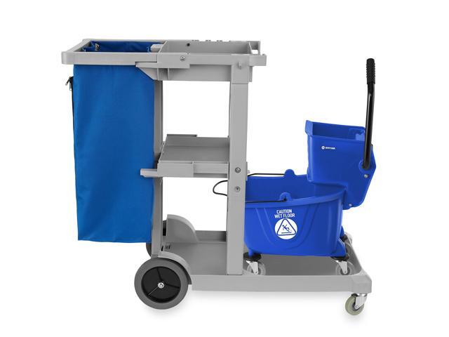 Dryser Commercial Janitorial Cleaning Cart on Wheels with Shelves and Vinyl Bag & Commercial Mop Bucket with Side Press Wringer, 26 Qt. Blue