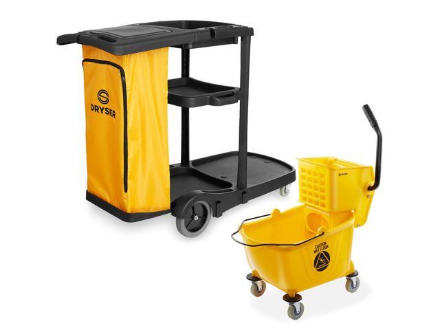 Dryser Commercial Janitorial Cleaning Cart on Wheels with Cover, Shelves and Vinyl Bag & Commercial Mop Bucket with Side Press Wringer, 26 Qt. Yellow