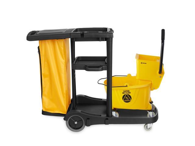 Dryser Commercial Janitorial Cleaning Cart on Wheels with Cover, Shelves and Vinyl Bag & Commercial Mop Bucket with Side Press Wringer, 26 Qt. Yellow