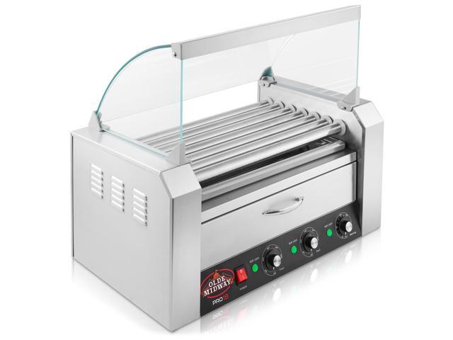 Olde Midway Electric 18 Hot Dog 7 Roller Grill Cooker Machine with Bun Warming Drawer and Cover - Commercial Grade, Stainless Steel