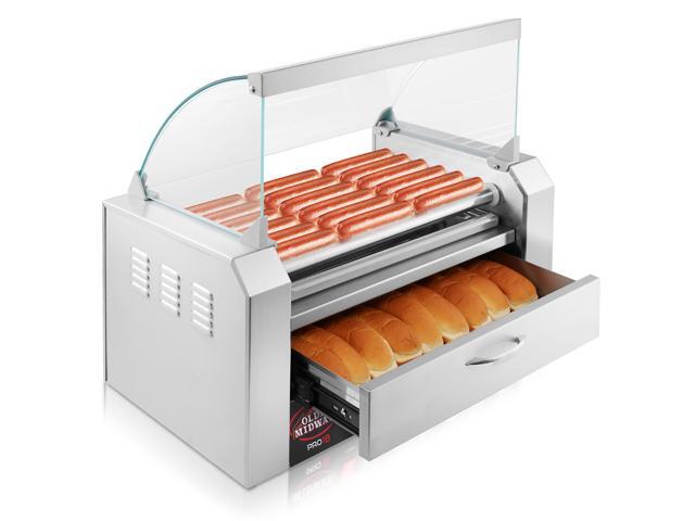 Olde Midway Electric 18 Hot Dog 7 Roller Grill Cooker Machine with Bun Warming Drawer and Cover - Commercial Grade, Stainless Steel