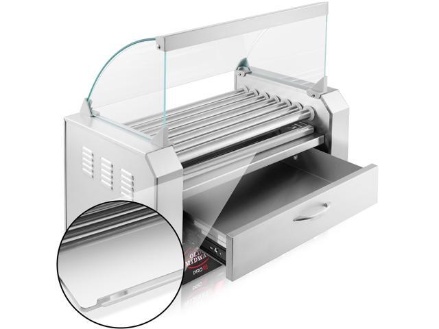 Olde Midway Electric 18 Hot Dog 7 Roller Grill Cooker Machine with Bun Warming Drawer and Cover - Commercial Grade, Stainless Steel