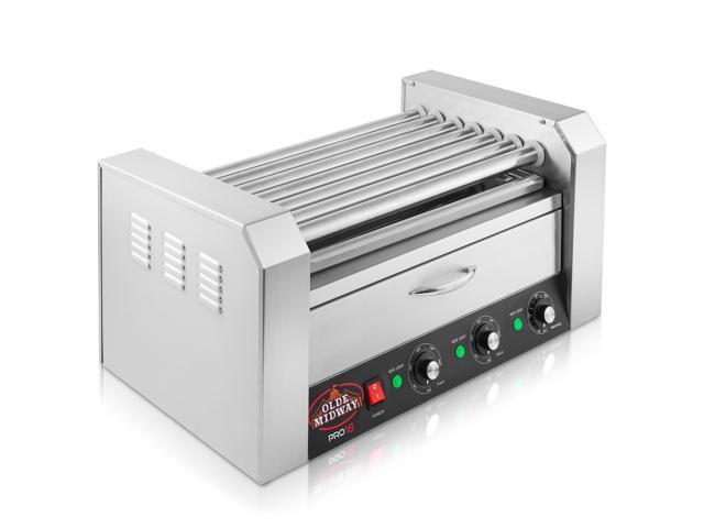 Olde Midway Electric 18 Hot Dog 7 Roller Grill Cooker Machine with Bun Warming Drawer - Commercial Grade, Stainless Steel