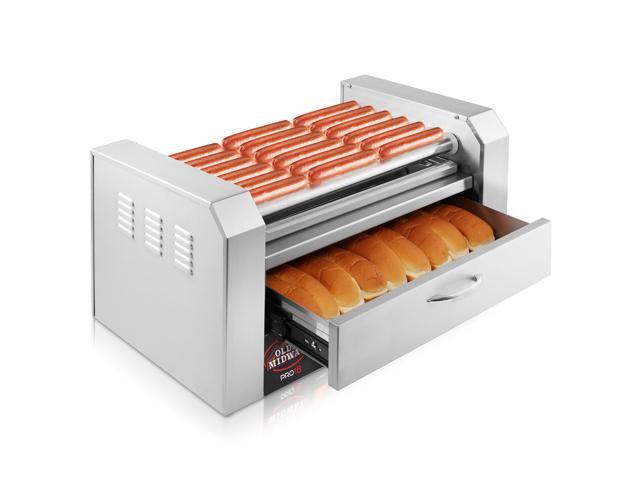 Olde Midway Electric 18 Hot Dog 7 Roller Grill Cooker Machine with Bun Warming Drawer - Commercial Grade, Stainless Steel
