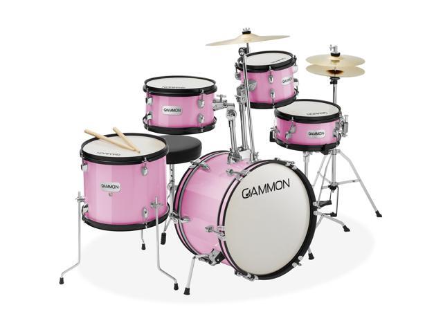 Gammon Percussion 5-Piece Junior Starter Drum Kit with Cymbals, Hardware, Sticks, & Throne - Pink