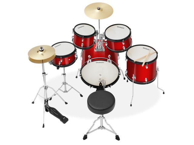 Gammon Percussion 5-Piece Junior Starter Drum Kit with Cymbals, Hardware, Sticks, & Throne - Red