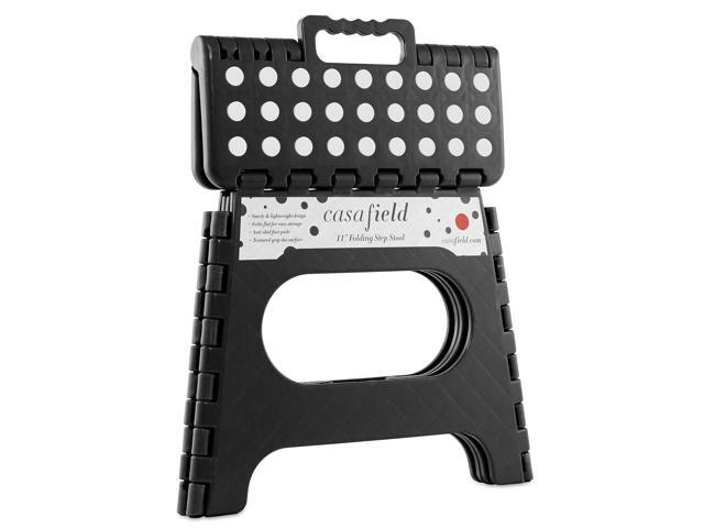 Casafield 11' Folding Step Stool with Handle, Black - Portable Collapsible Small Plastic Foot Stool for Kids and Adults - Use in the Kitchen,...