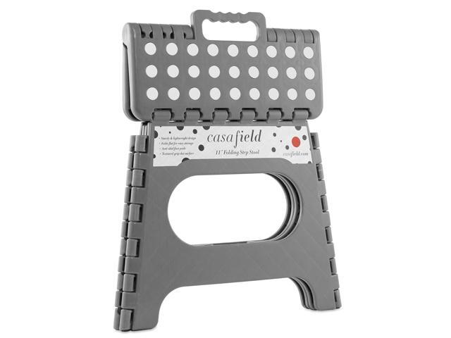 Casafield 11' Folding Step Stool with Handle, Gray - Portable Collapsible Small Plastic Foot Stool for Kids and Adults - Use in the Kitchen,...