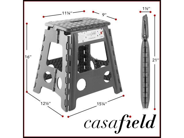 Casafield 16' Folding Step Stool with Handle, Gray - Portable Collapsible Small Plastic Foot Stool for Adults - Use in the Kitchen, Bathroom and...