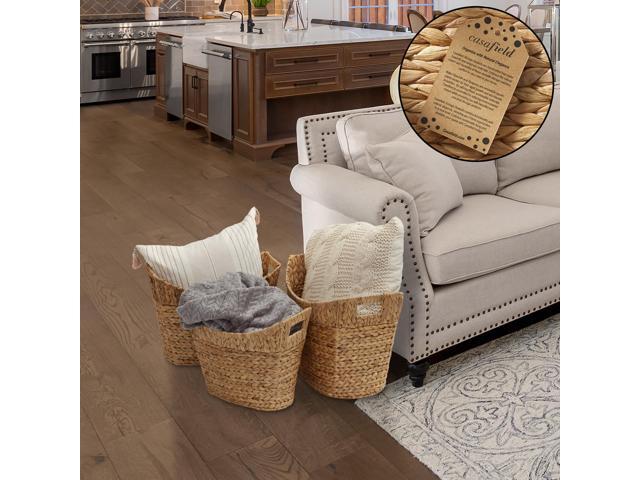 Casafield Set of 3 Stackable Oval Laundry Baskets with Handles - Natural, Woven Water Hyacinth Storage Totes for Throw Blankets, Bathroom, Bedroom,...